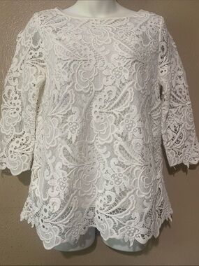 J Jill size XSP Off-White Women's White Lace Crochet Blouse Lined NWT